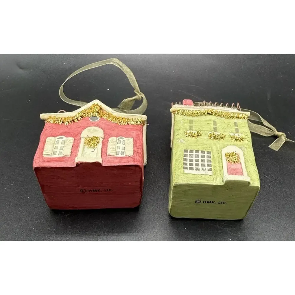 Vtg Lot Of 2 Hallmark Old Town Village Homes Ceramic Christmas Ornaments -LO24